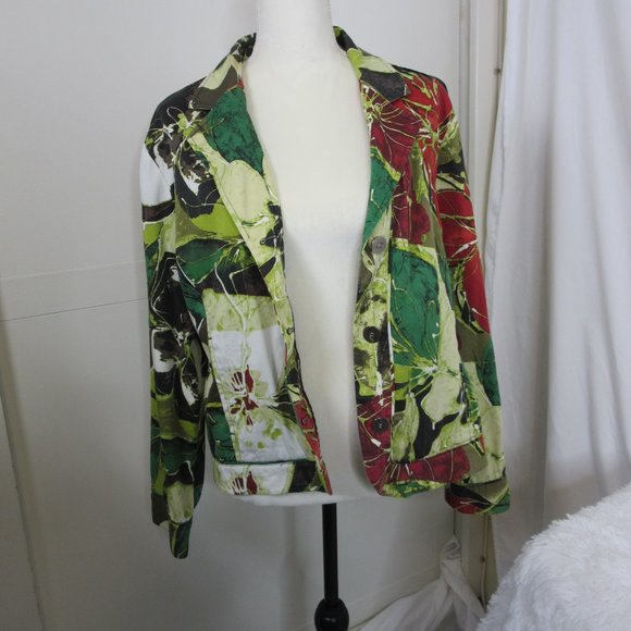 Chico's Holiday Floral Shirt Jacket Christmas Red Green Blazer Size 2 Large - Picture 3 of 11